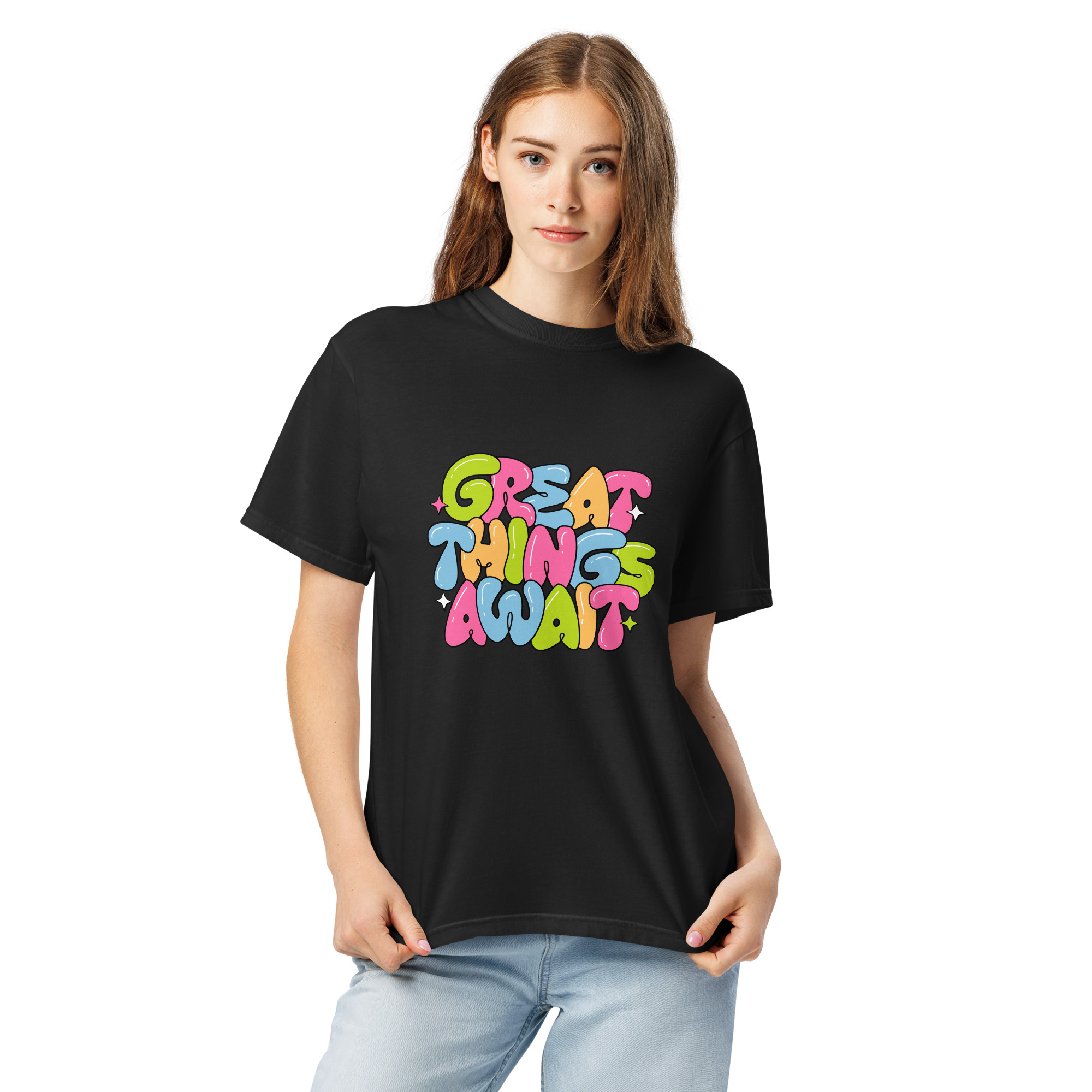 Great Things Await T-Shirt – Colorful Positive Quote Bubble Letter Tee - Image 16