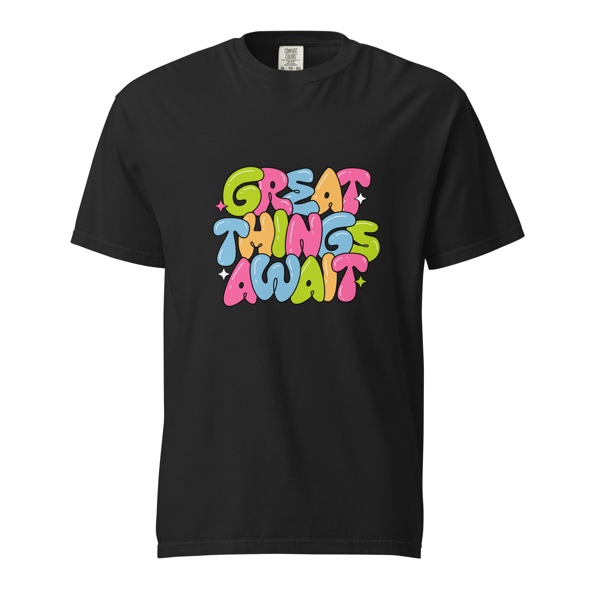 Great Things Await T-Shirt – Colorful Positive Quote Bubble Letter Tee - Image 2