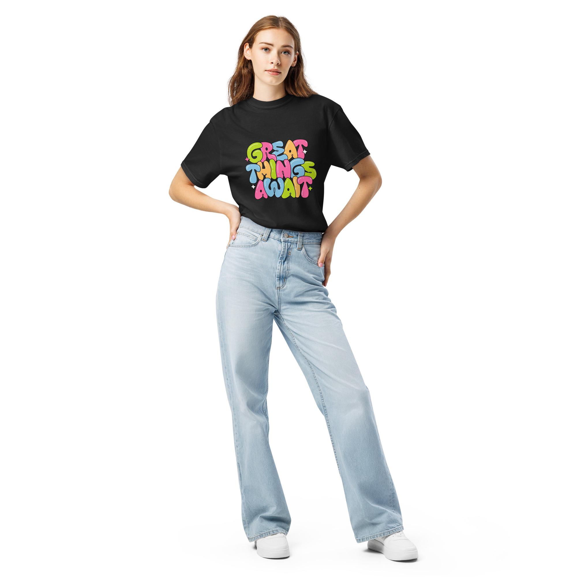 Great Things Await T-Shirt – Colorful Positive Quote Bubble Letter Tee - Image 11