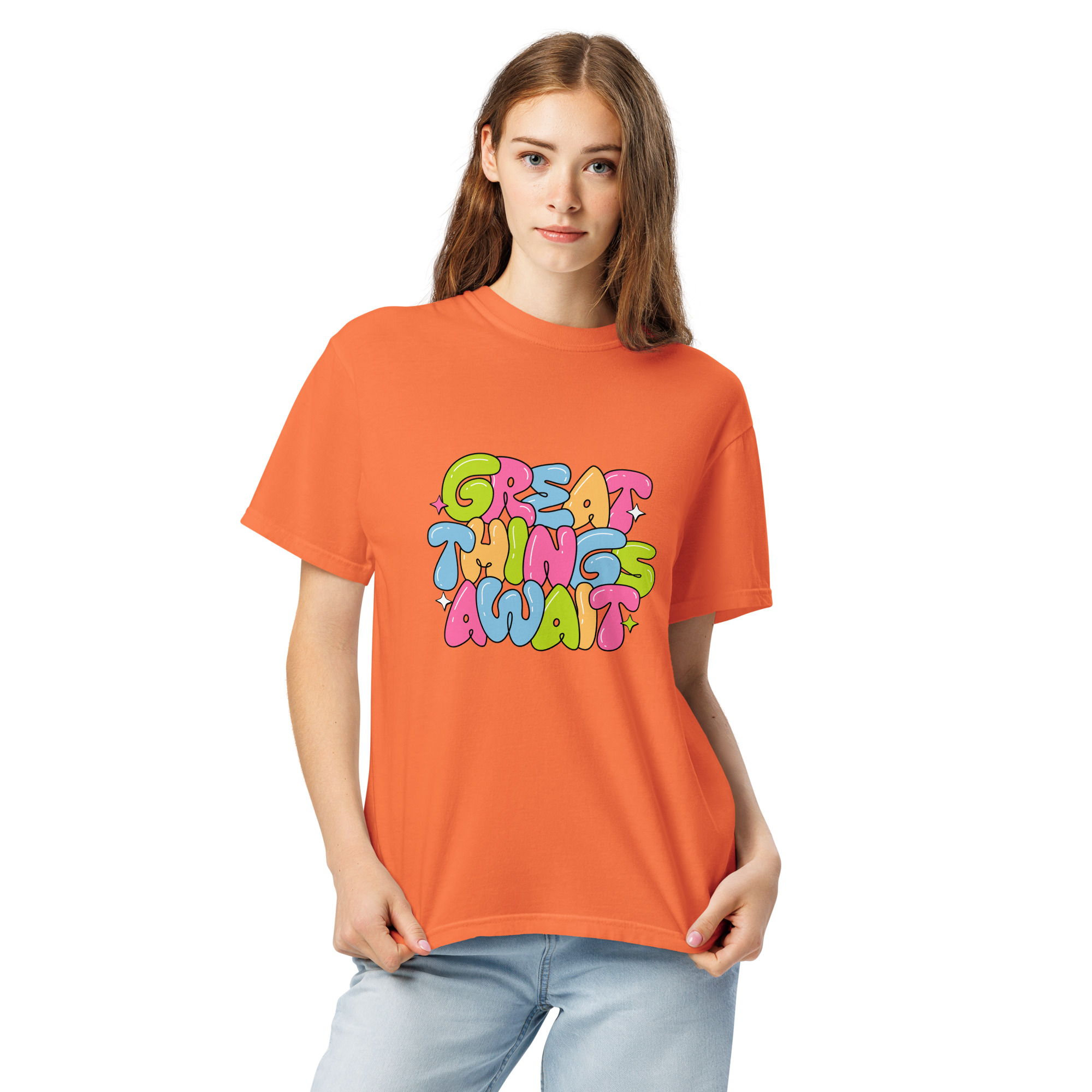 Great Things Await T-Shirt – Colorful Positive Quote Bubble Letter Tee - Image 15