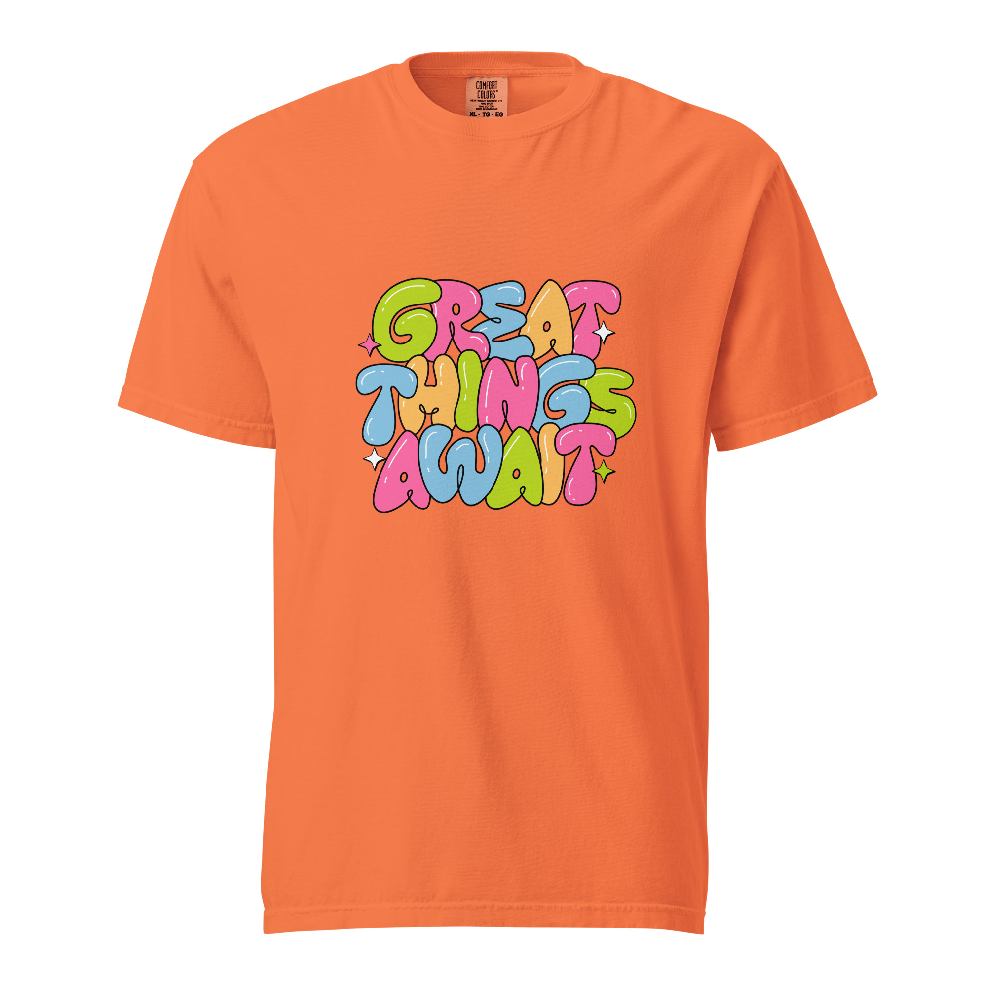 Great Things Await T-Shirt – Colorful Positive Quote Bubble Letter Tee - Image 7
