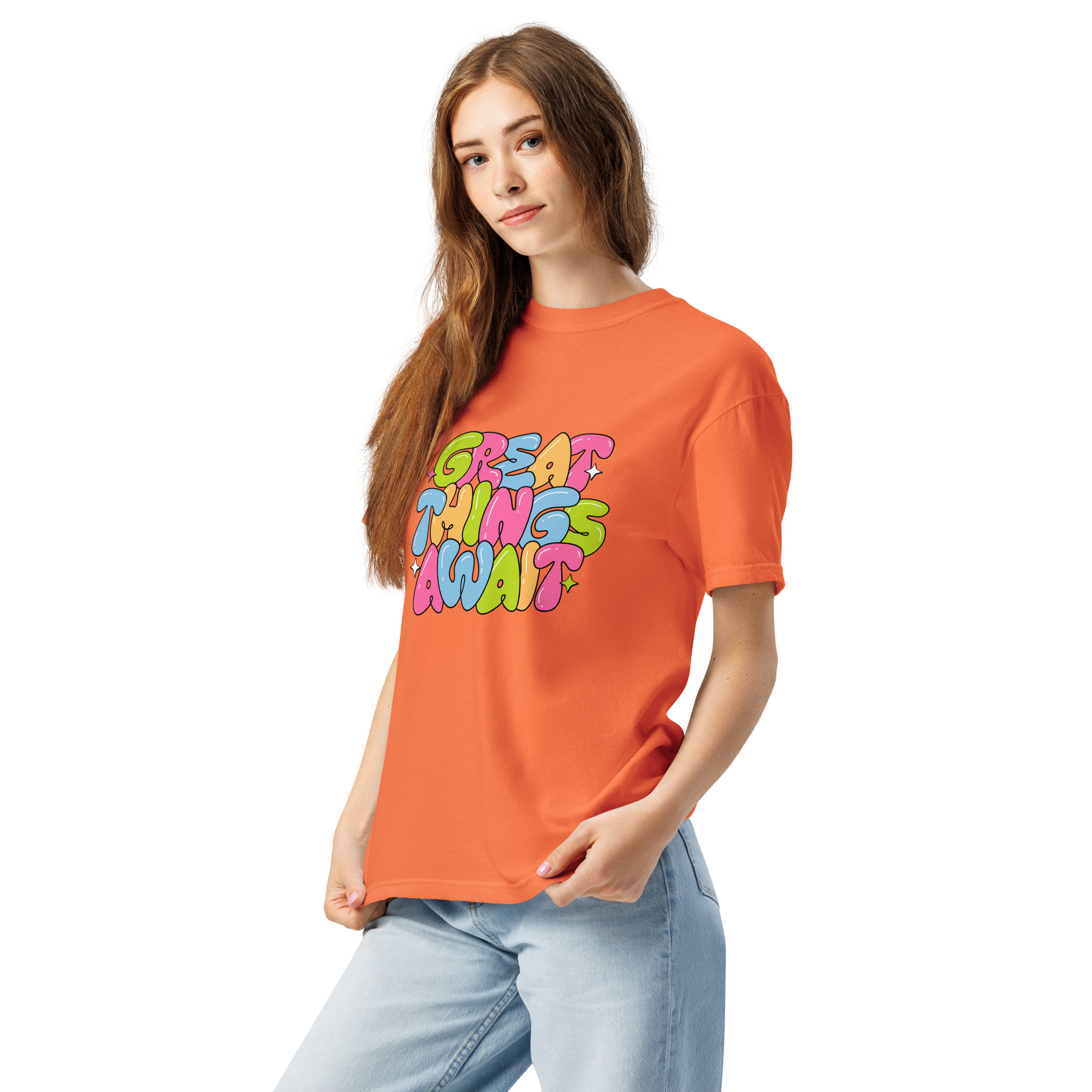 Great Things Await T-Shirt – Colorful Positive Quote Bubble Letter Tee - Image 18