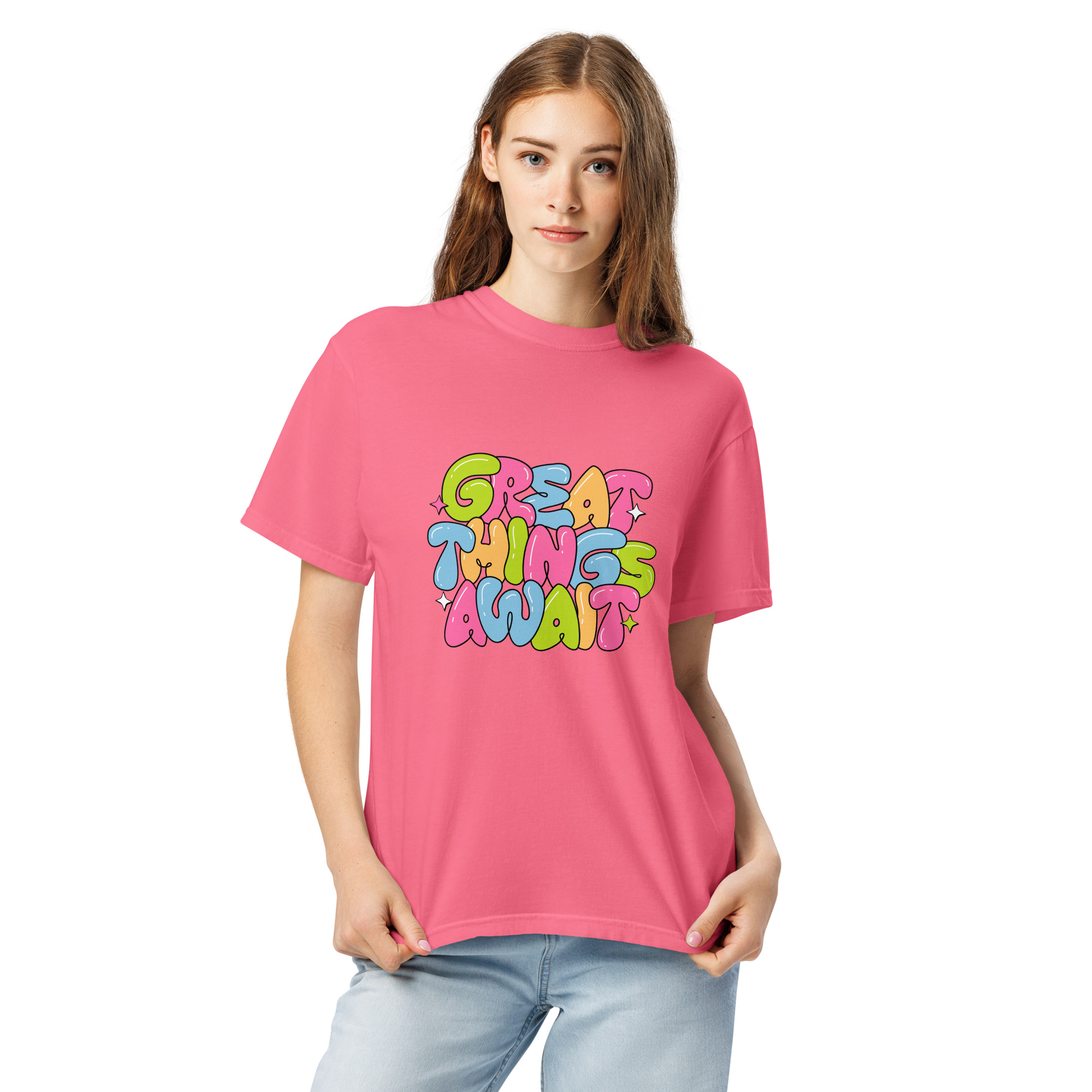 Great Things Await T-Shirt – Colorful Positive Quote Bubble Letter Tee - Image 21