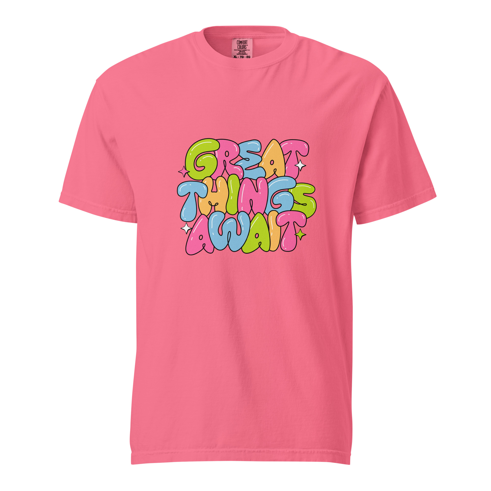 Great Things Await T-Shirt – Colorful Positive Quote Bubble Letter Tee - Image 9