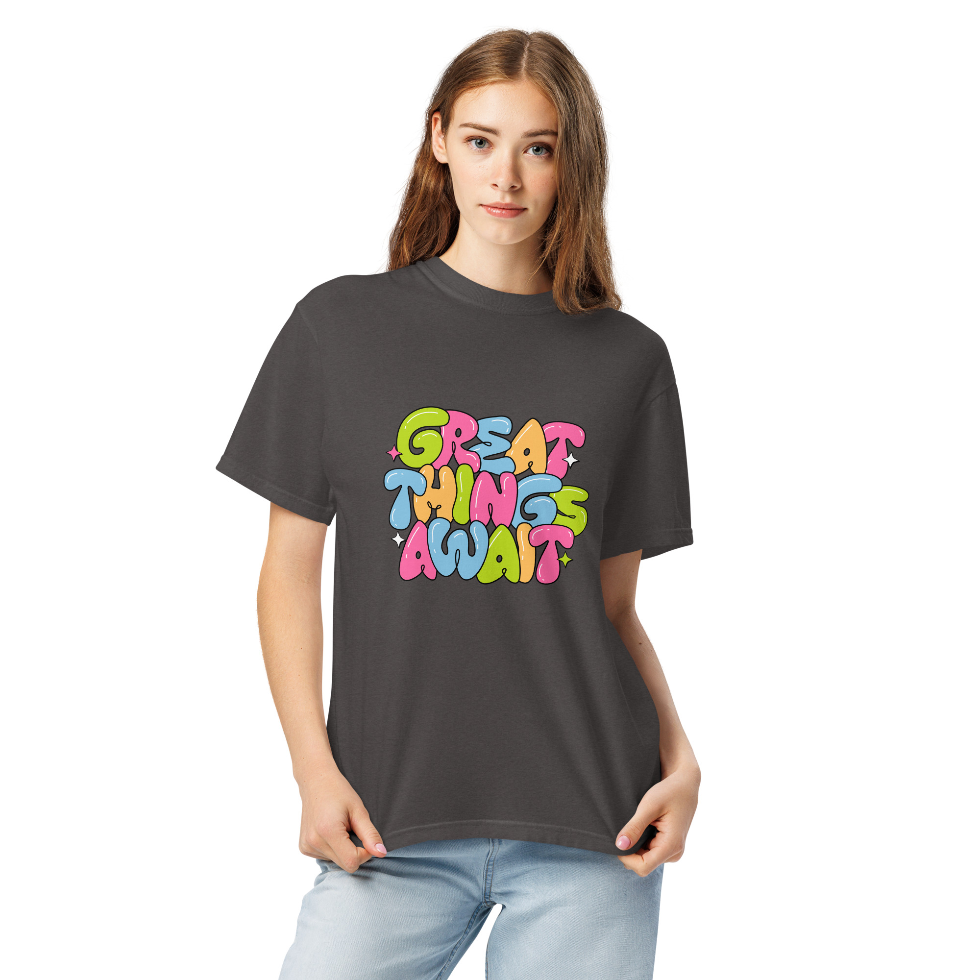 Great Things Await T-Shirt – Colorful Positive Quote Bubble Letter Tee - Image 19