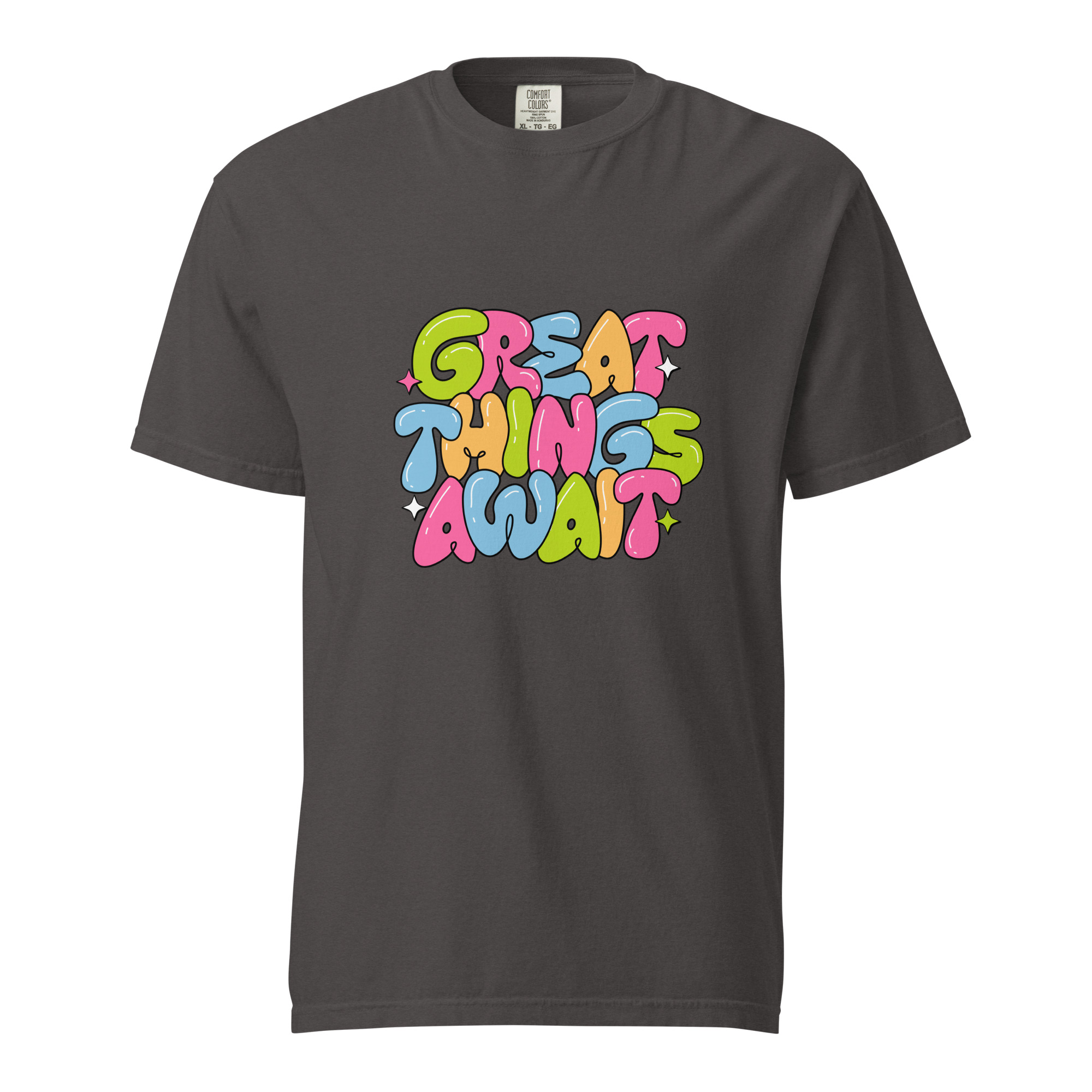 Great Things Await T-Shirt – Colorful Positive Quote Bubble Letter Tee - Image 3