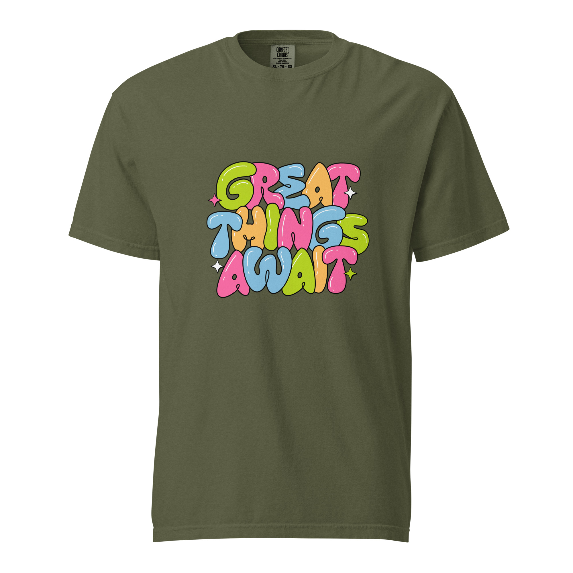 Great Things Await T-Shirt – Colorful Positive Quote Bubble Letter Tee - Image 4