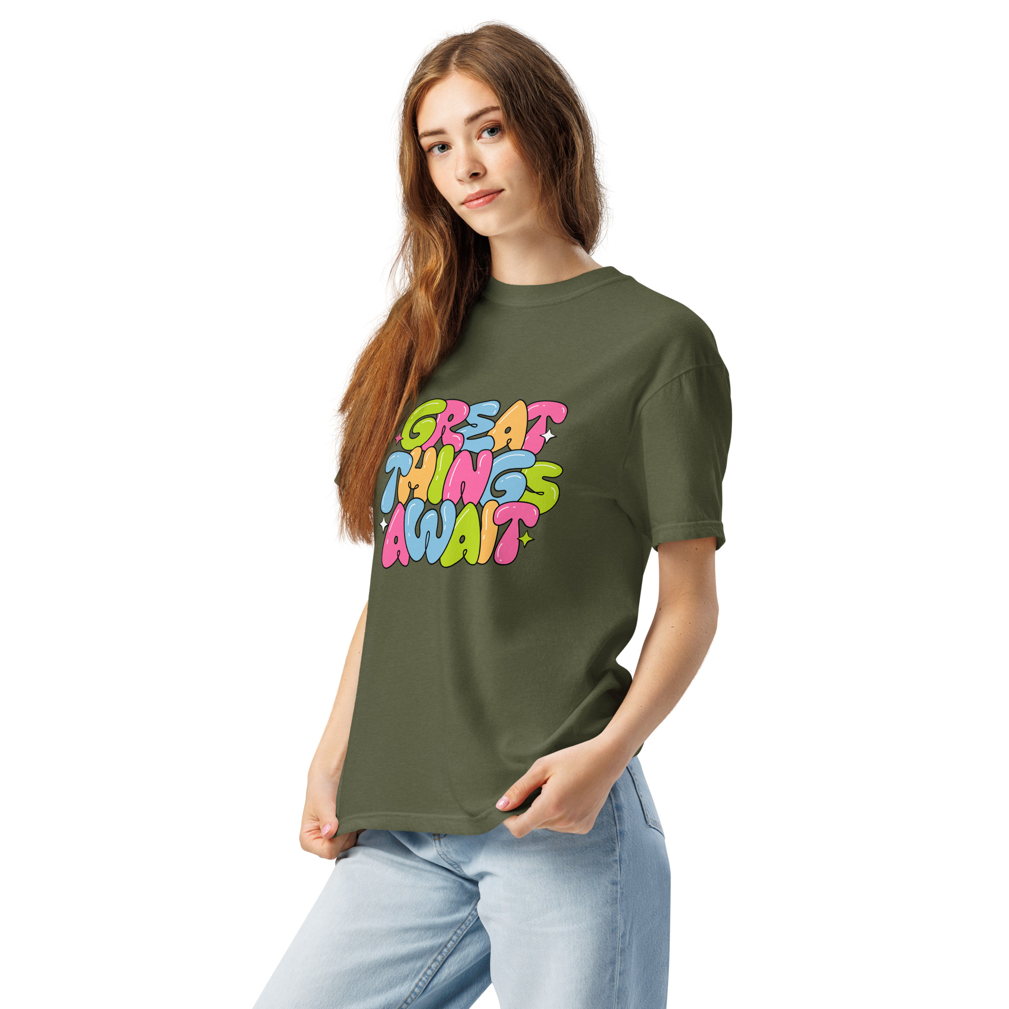 Great Things Await T-Shirt – Colorful Positive Quote Bubble Letter Tee - Image 12