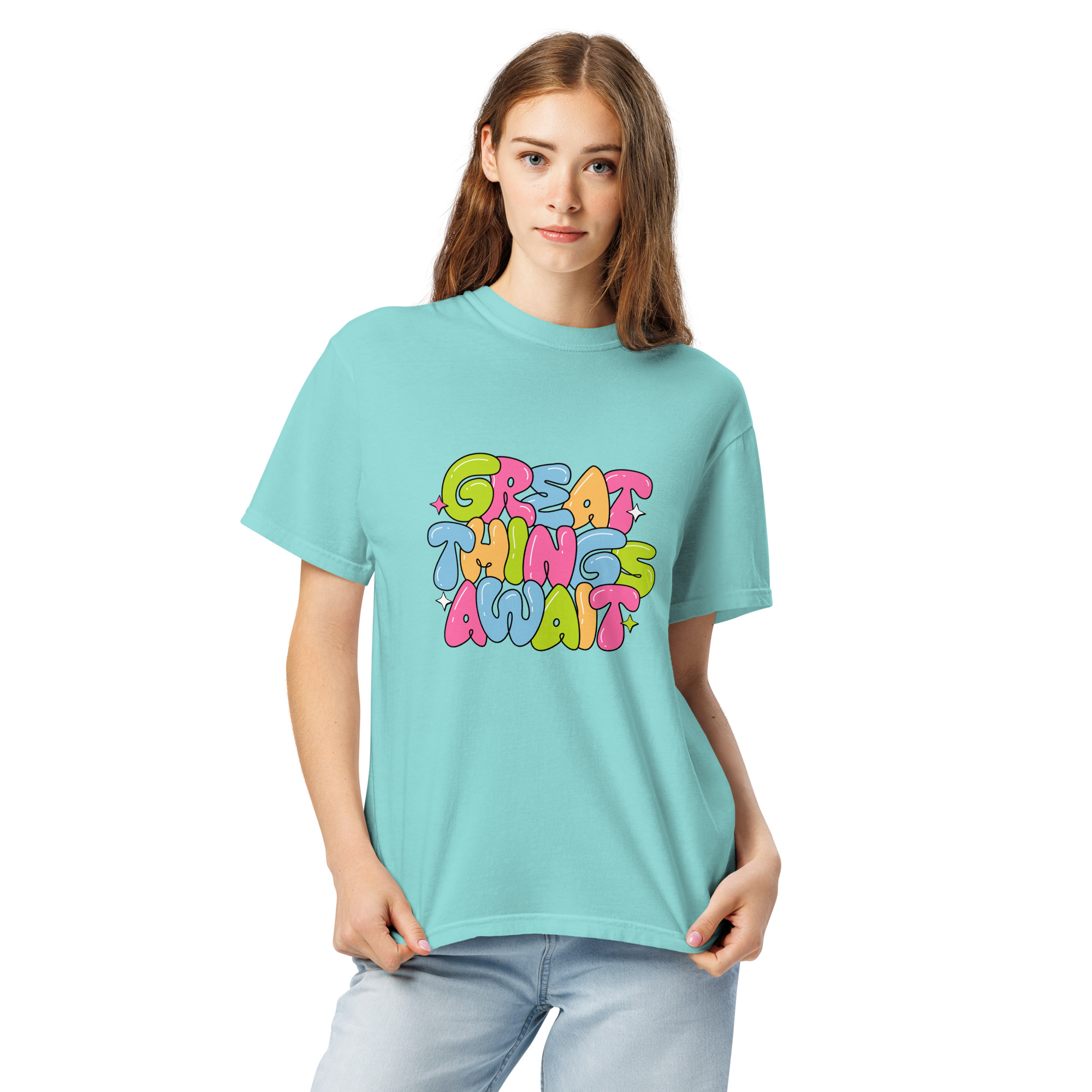 Great Things Await T-Shirt – Colorful Positive Quote Bubble Letter Tee
