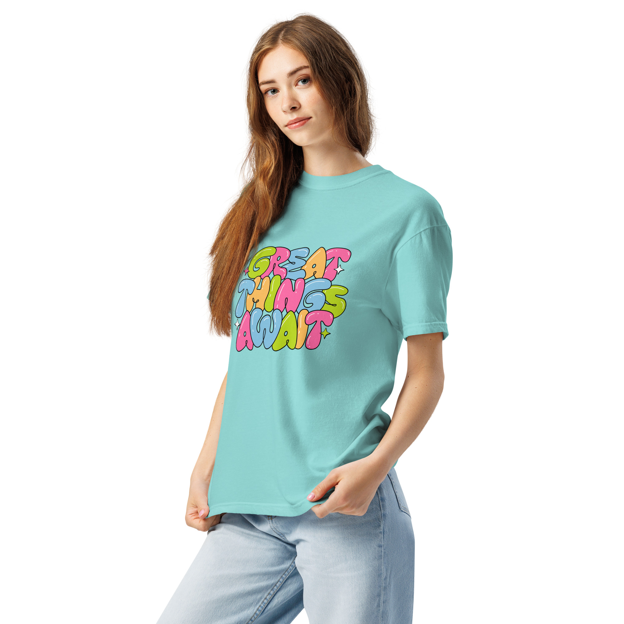 Great Things Await T-Shirt – Colorful Positive Quote Bubble Letter Tee - Image 13