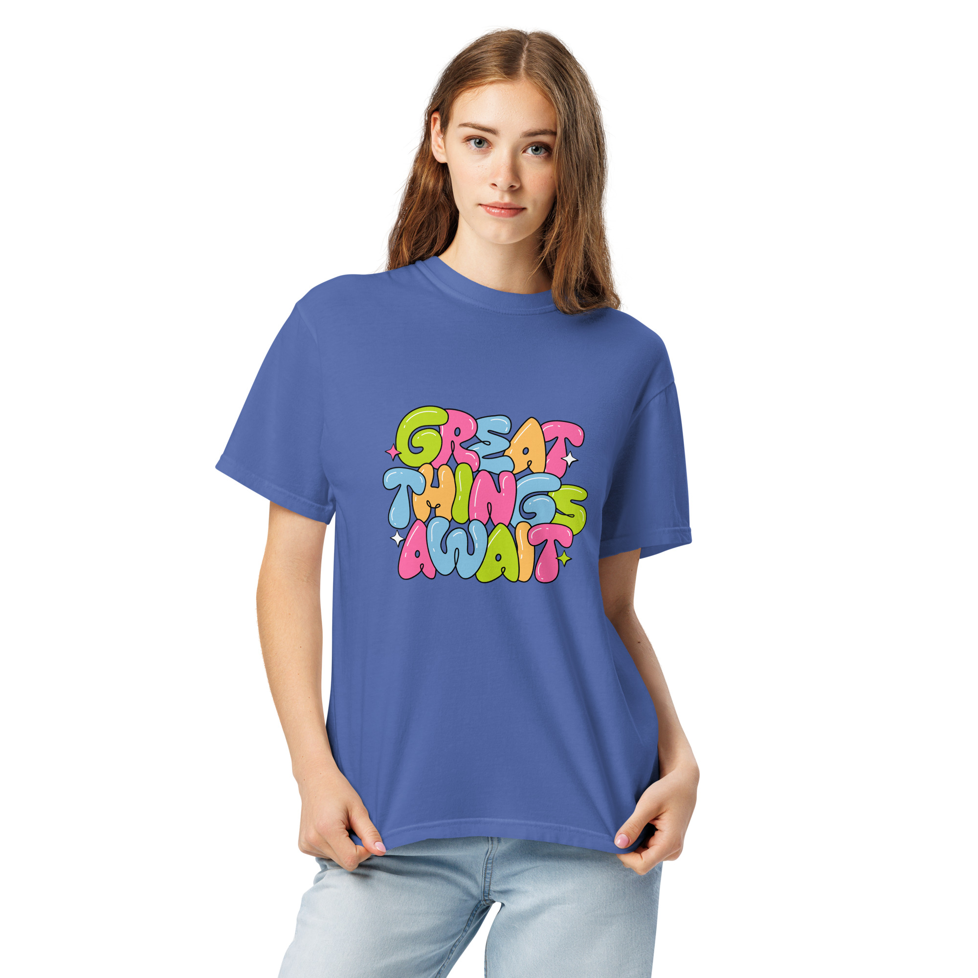 Great Things Await T-Shirt – Colorful Positive Quote Bubble Letter Tee - Image 14