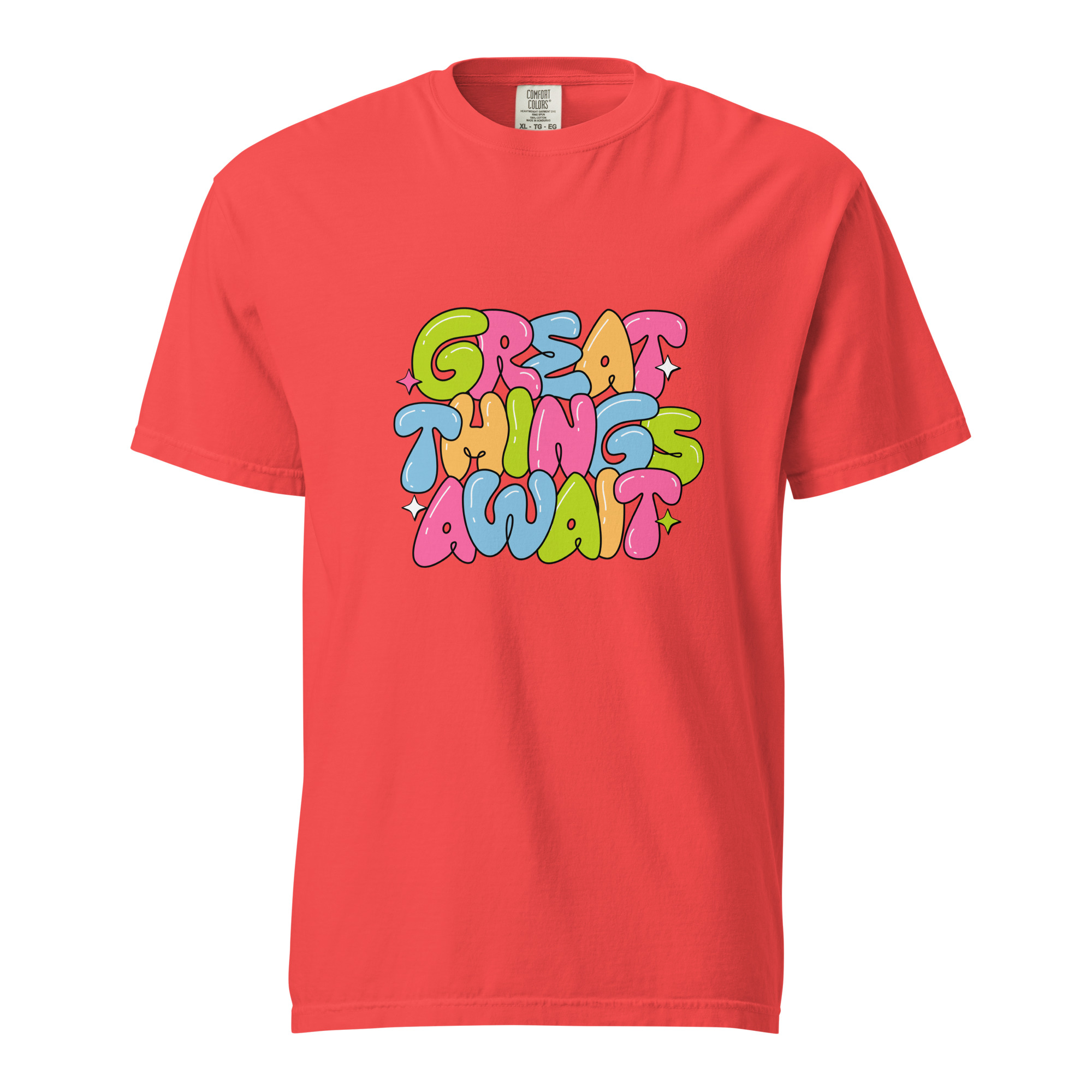 Great Things Await T-Shirt – Colorful Positive Quote Bubble Letter Tee - Image 6