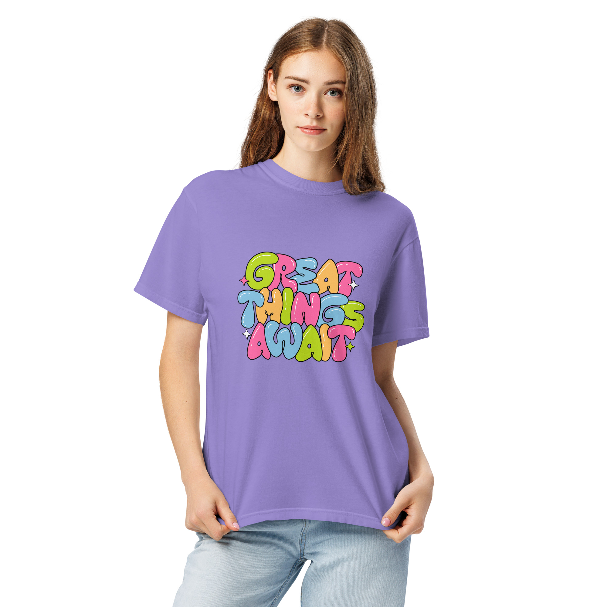 Great Things Await T-Shirt – Colorful Positive Quote Bubble Letter Tee - Image 23
