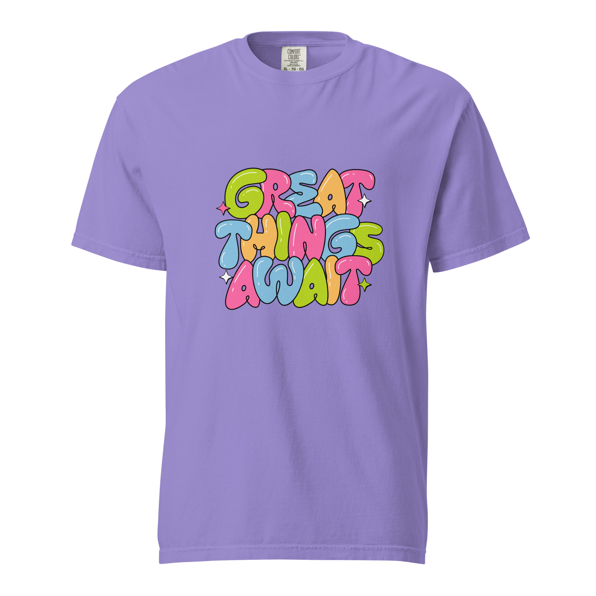 Great Things Await T-Shirt – Colorful Positive Quote Bubble Letter Tee - Image 8