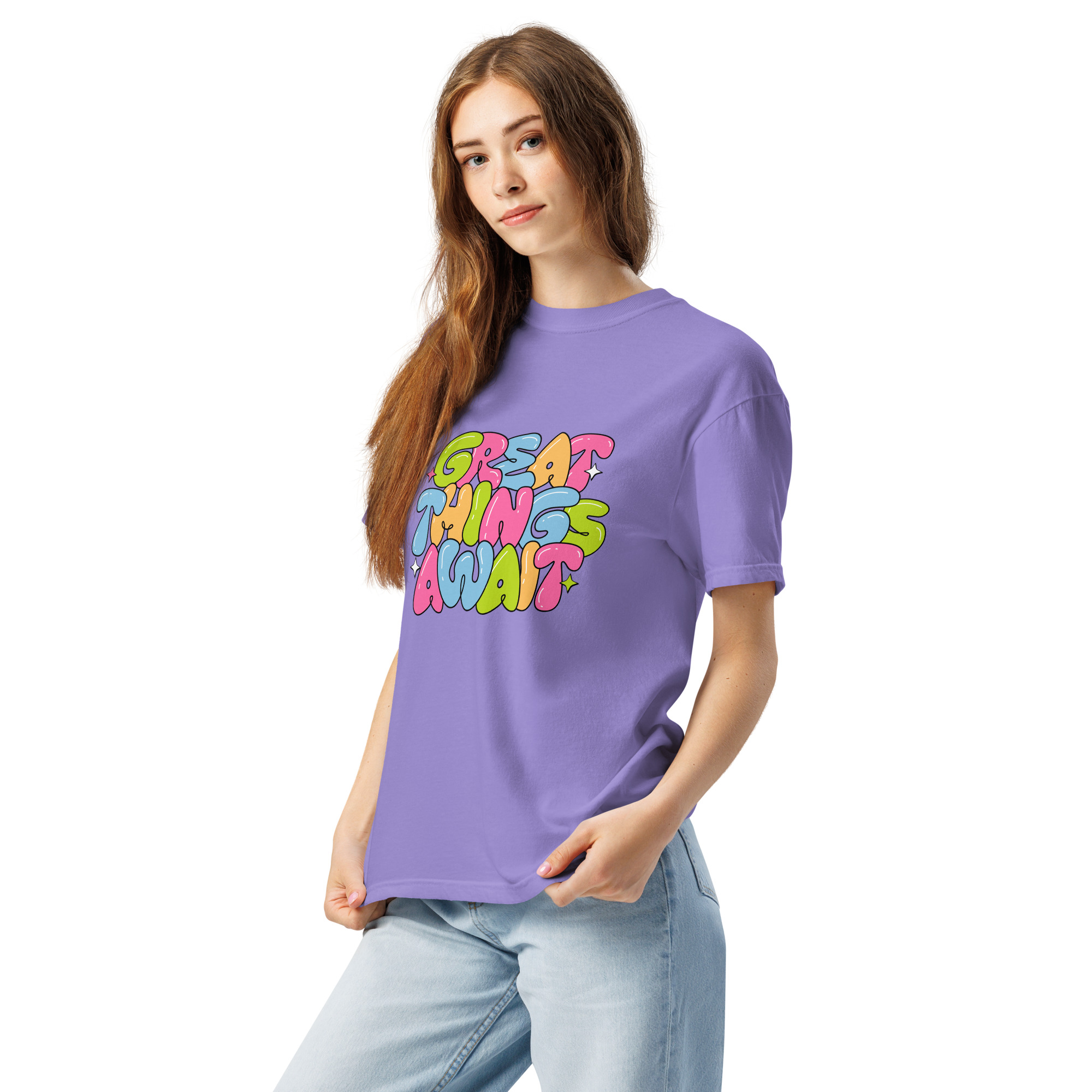 Great Things Await T-Shirt – Colorful Positive Quote Bubble Letter Tee - Image 20