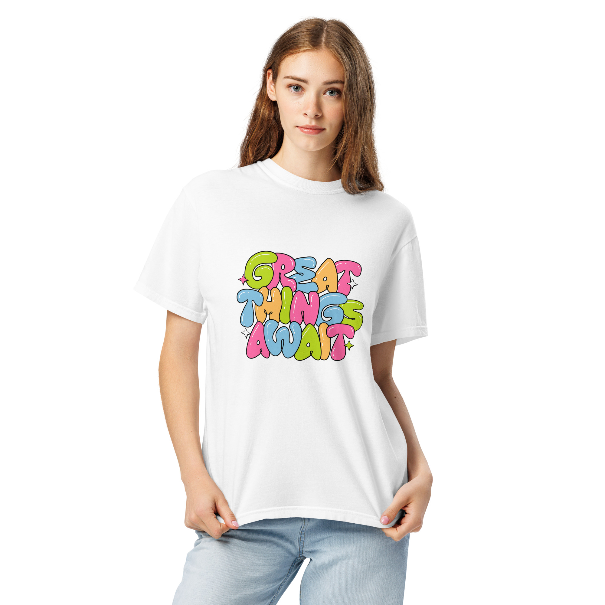 Great Things Await T-Shirt – Colorful Positive Quote Bubble Letter Tee - Image 22