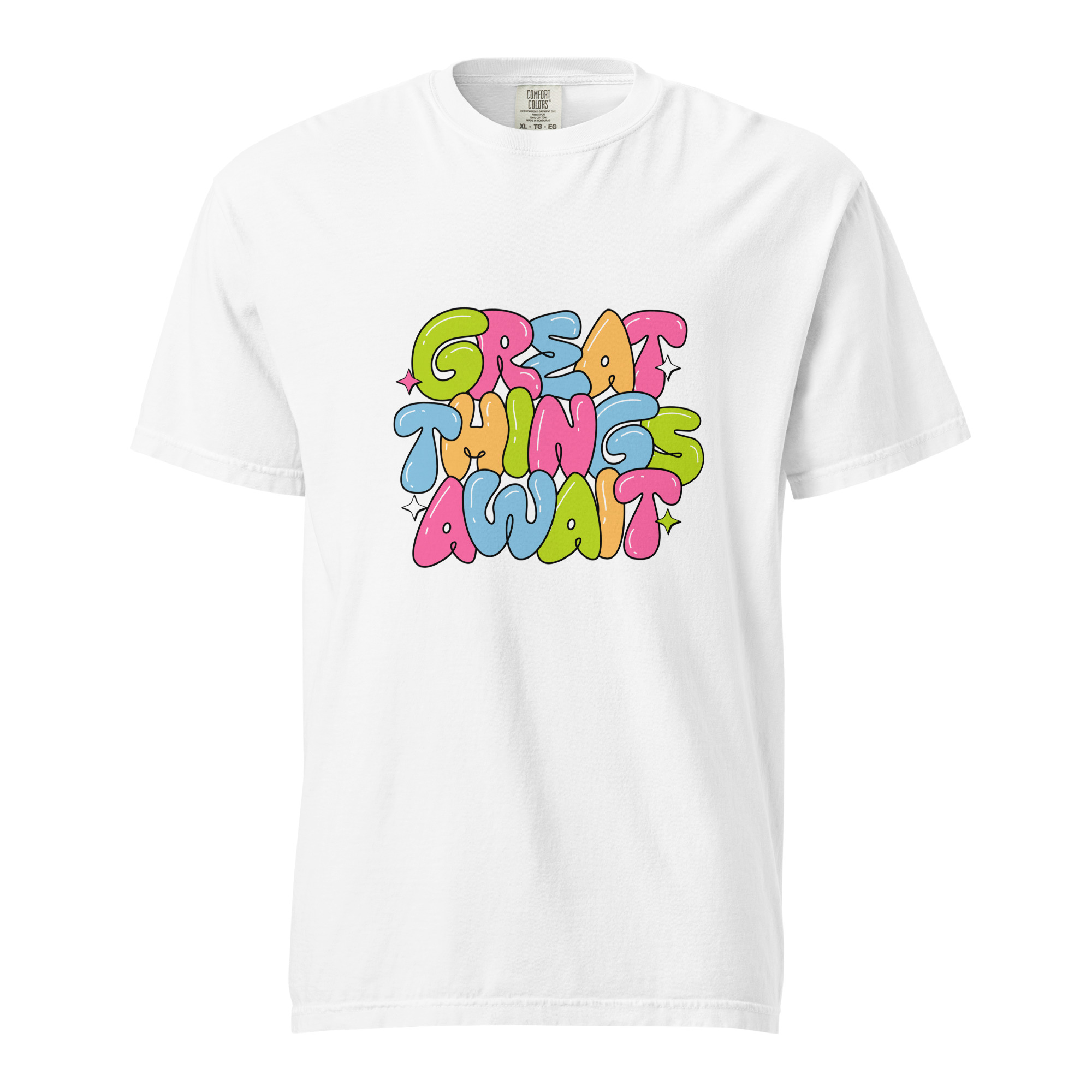 Great Things Await T-Shirt – Colorful Positive Quote Bubble Letter Tee - Image 10