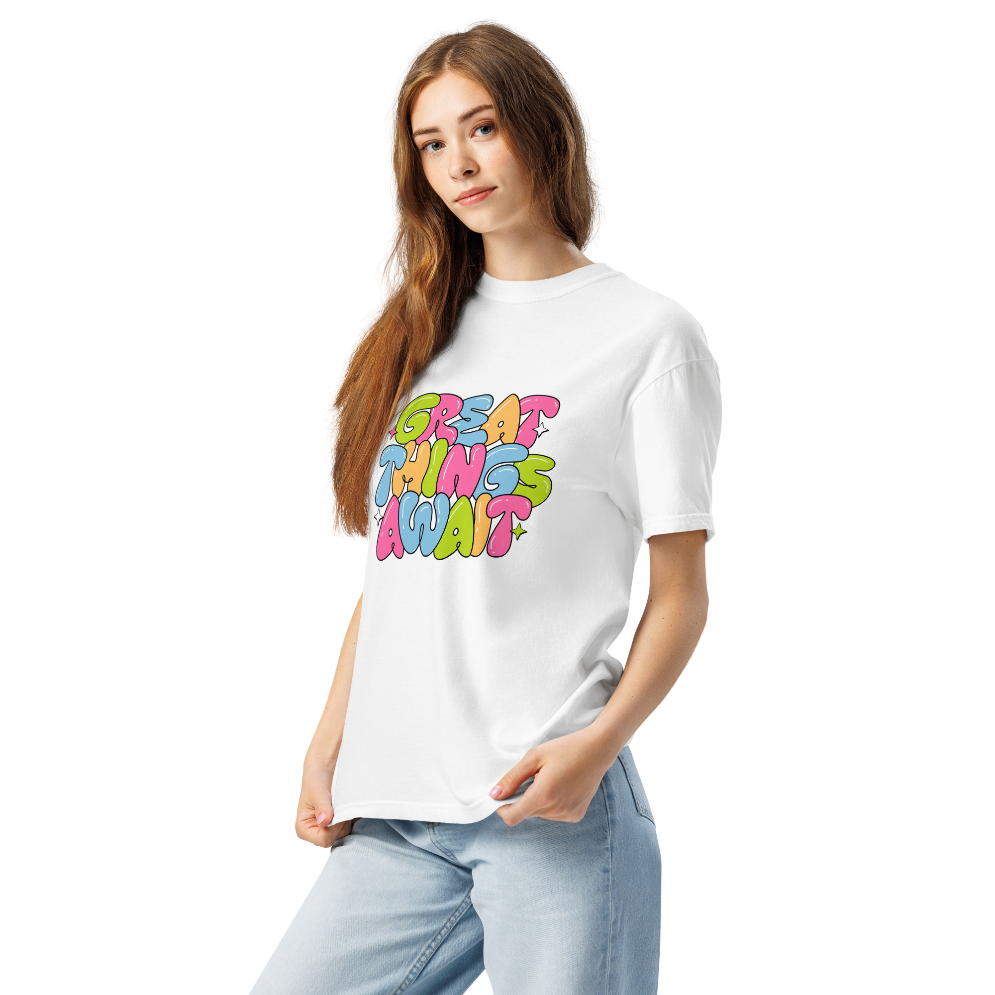Great Things Await T-Shirt – Colorful Positive Quote Bubble Letter Tee - Image 17